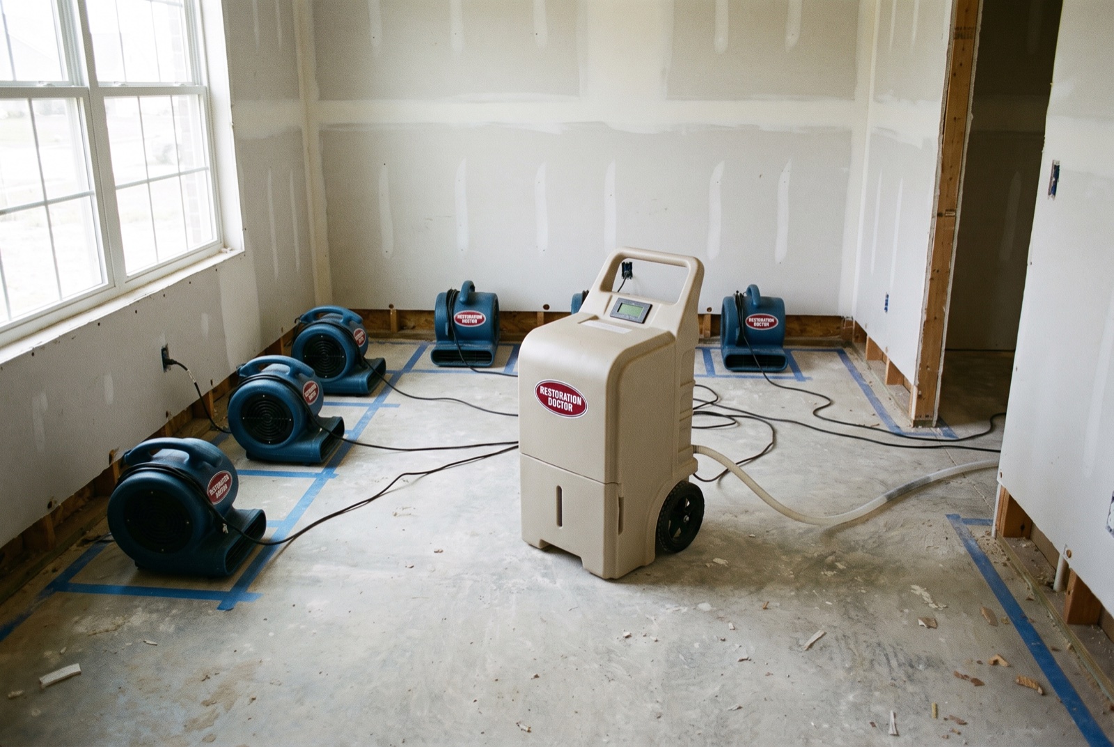 Snail-shell centrifugal air movers and an LGR dehumidifier staged in a structural drying layout — illustrative; water damage restoration serving Pinecrest