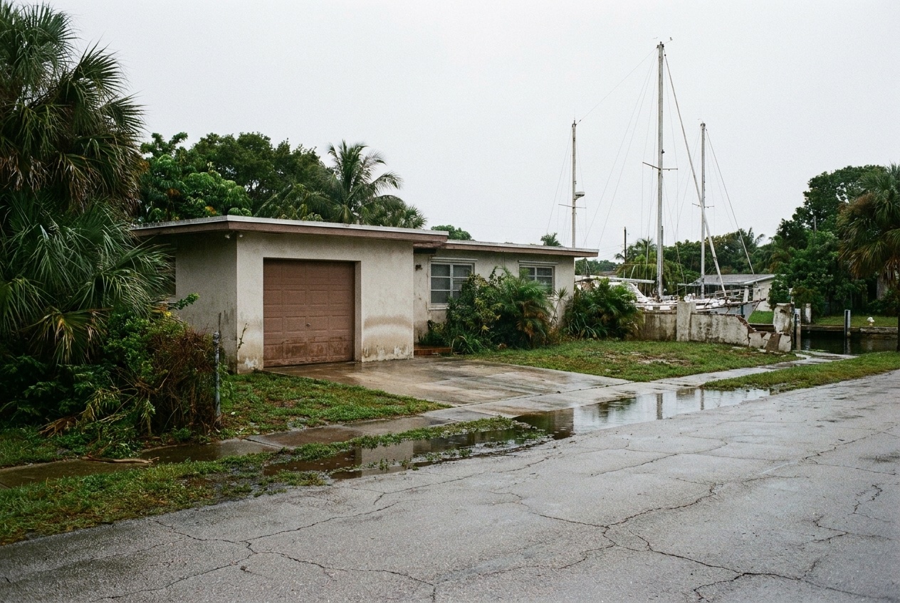 Slab-on-grade 1960s canal-front ranch home after tidal floodwater receded — illustrative; storm & hurricane damage restoration serving Miami