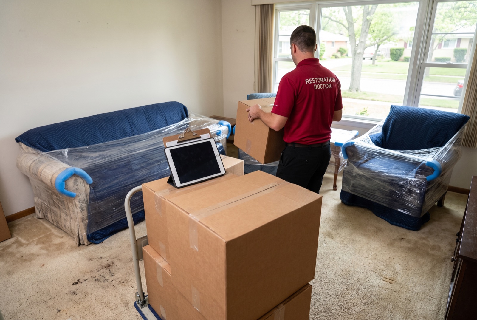 Inventoried contents pack-out with labeled boxes — illustrative; contents restoration & pack-out serving Miami