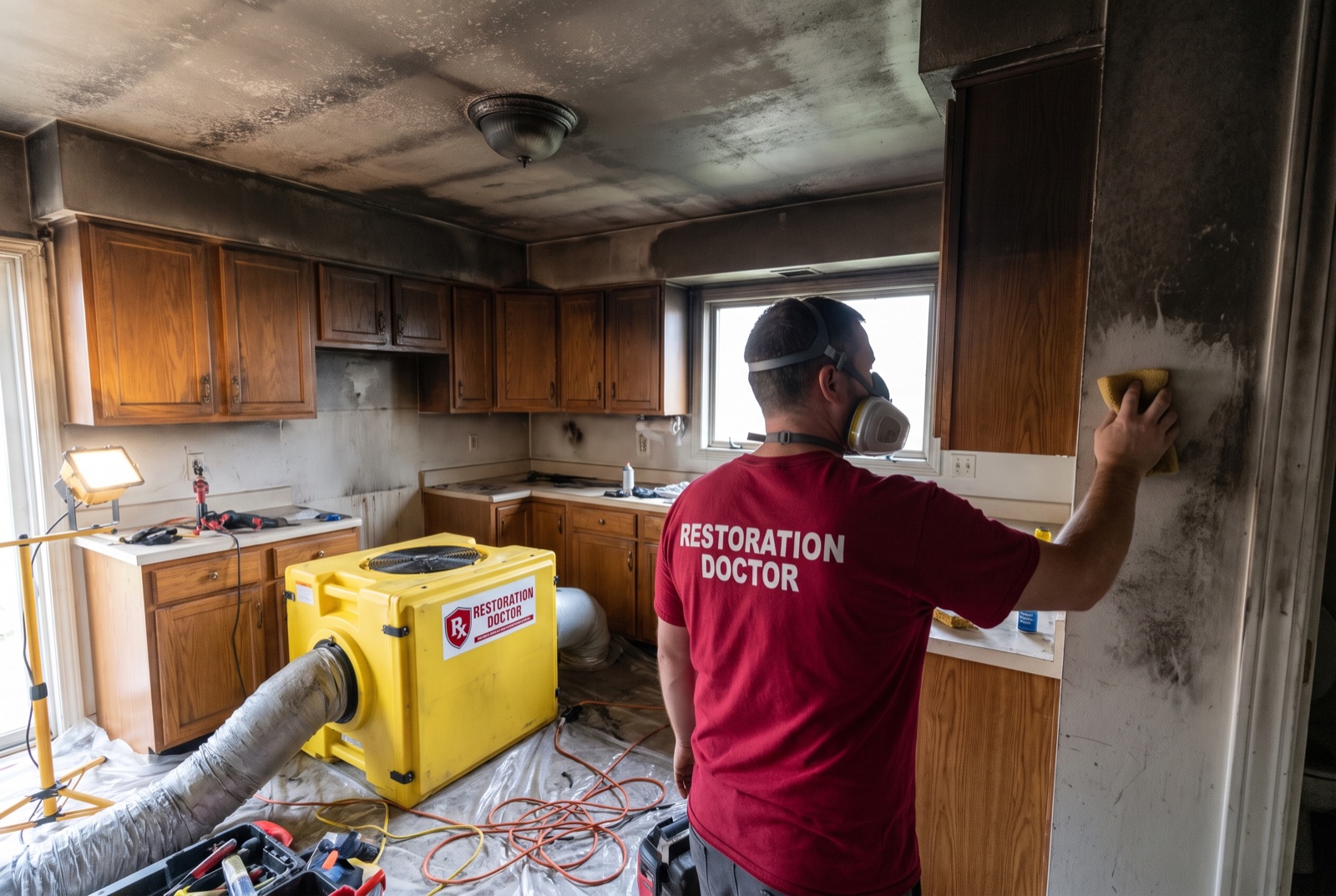 Fire and smoke soot cleaning of structural surfaces — illustrative; fire & smoke damage restoration serving Miami