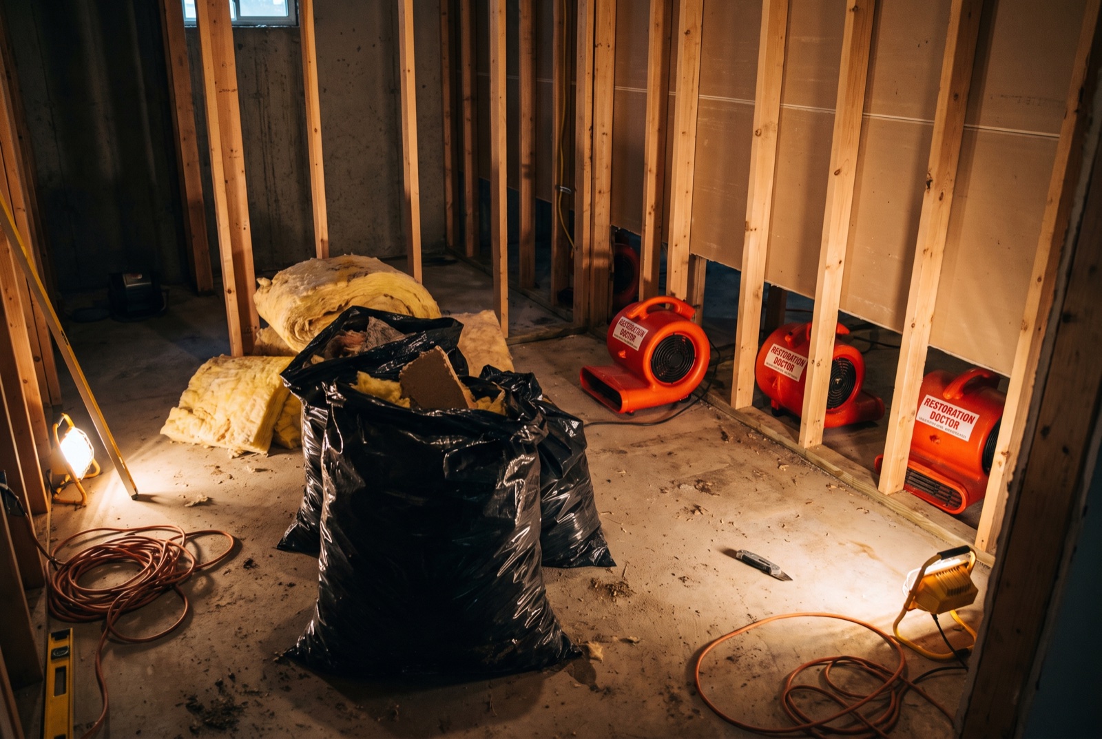 Flood-cut drywall removal exposing wall cavities for drying — illustrative; sewage cleanup serving Miami