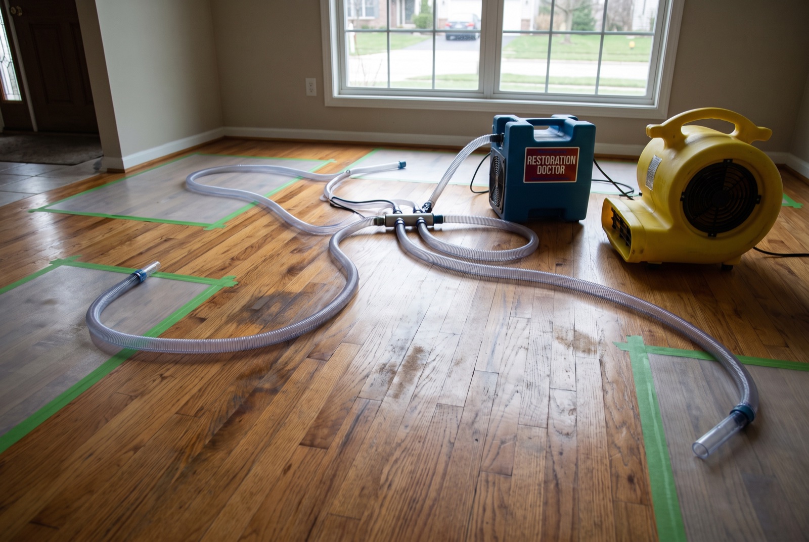 Hardwood floor drying-mat system extracting moisture from wood flooring in a large estate home