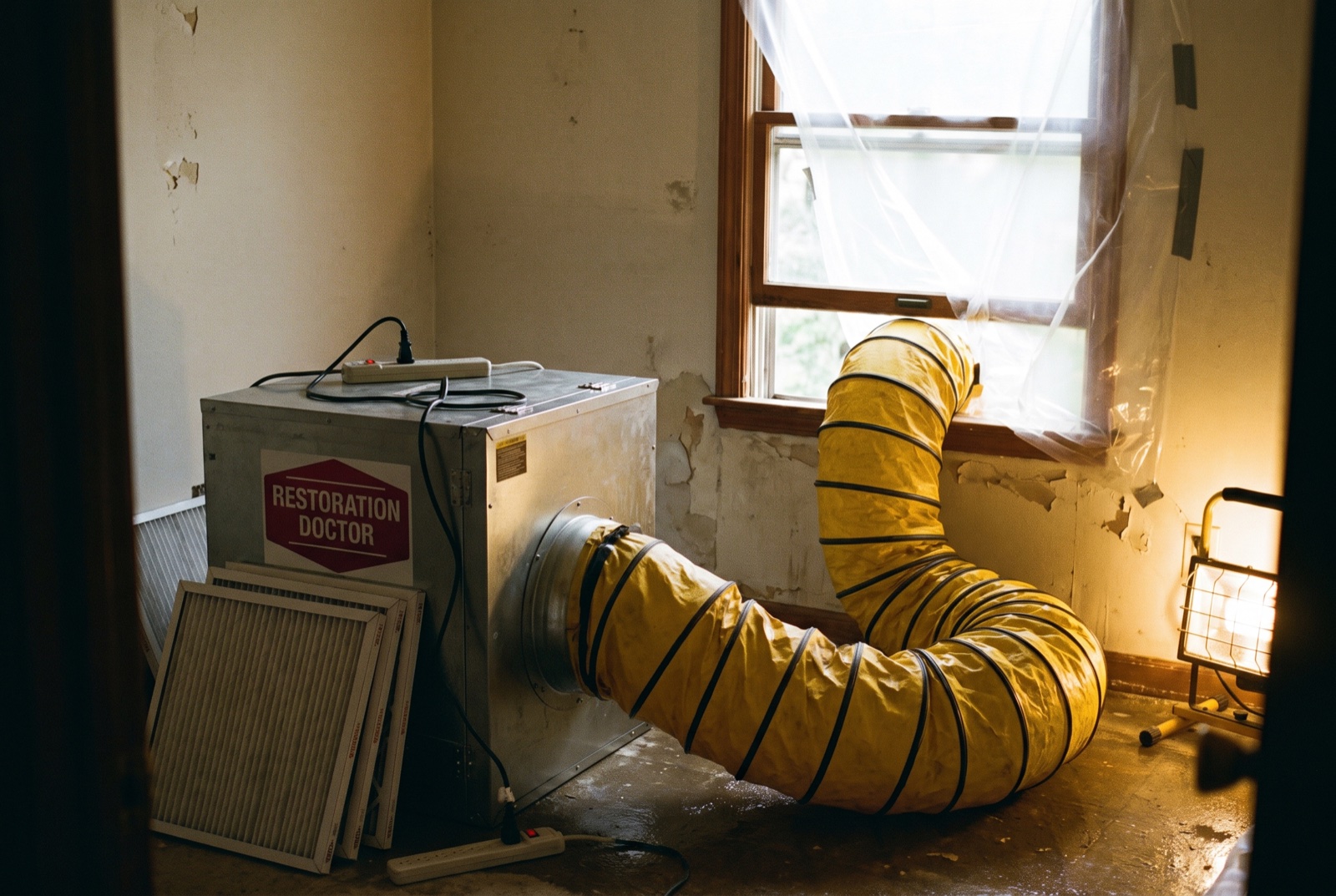 HEPA air scrubber providing negative-air filtration during remediation — illustrative; sewage cleanup serving Miami