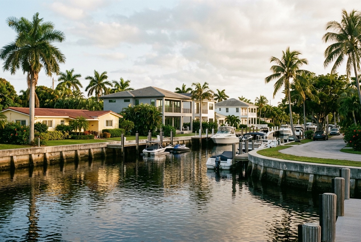 Miami finger-isle canal with concrete seawalls and mixed-era waterfront homes — illustrative; water damage restoration serving Little Havana
