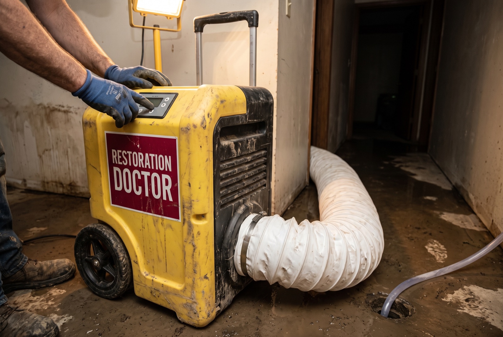 Low-grain refrigerant (LGR) dehumidifier running in a water-damaged interior — illustrative; water damage restoration serving Miami