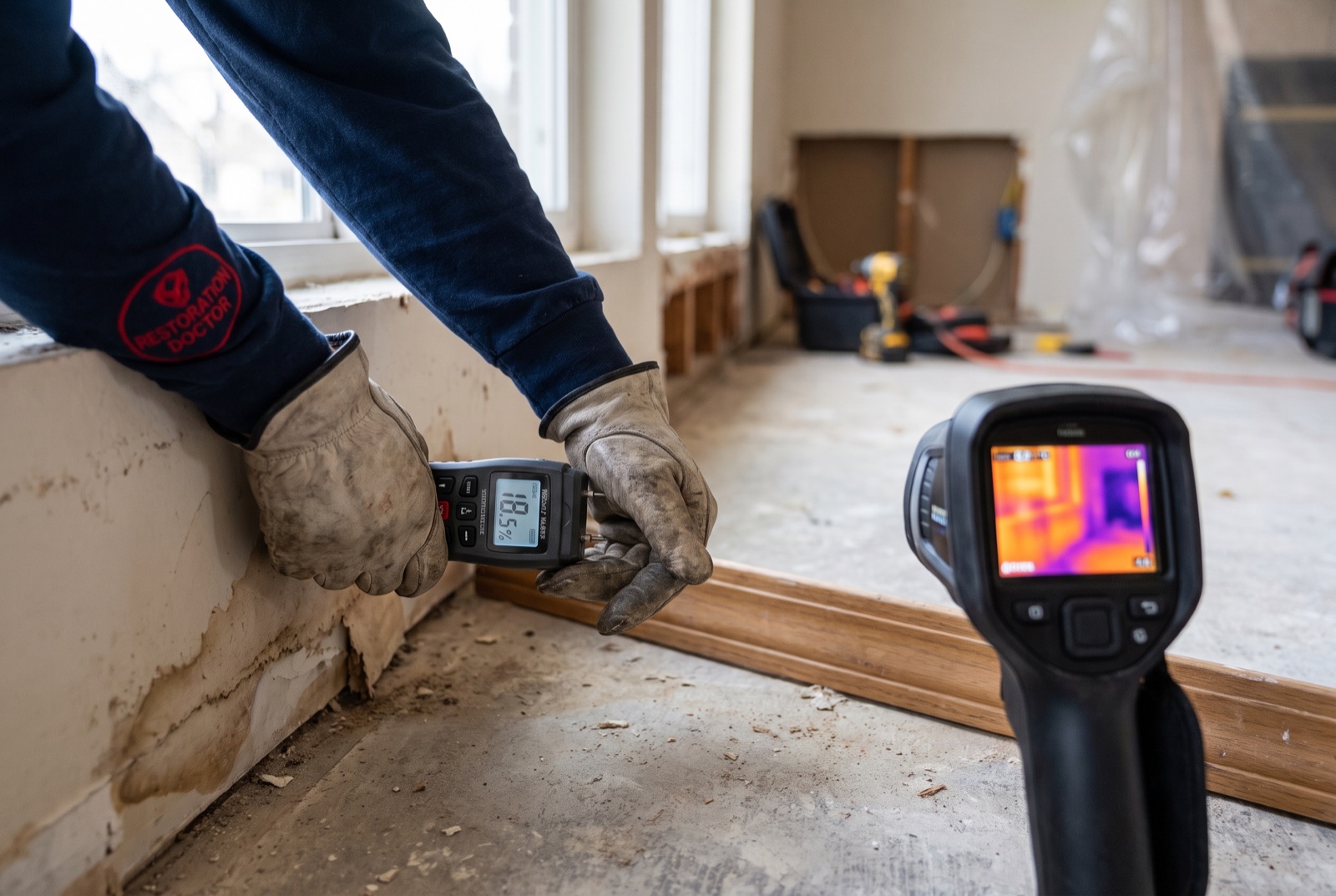 Moisture meter and thermal-imaging inspection of wall base and baseboard — illustrative; mold remediation serving Miami