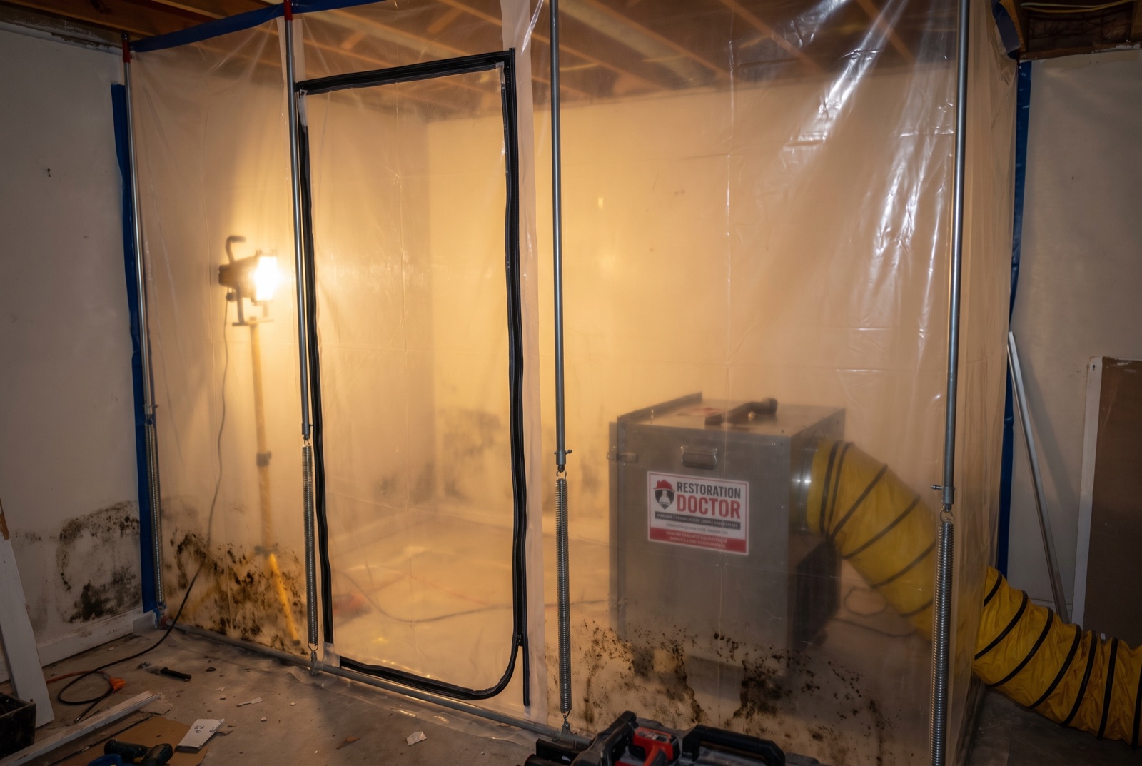Poly containment with negative air pressure set for mold remediation — illustrative; mold remediation serving Miami