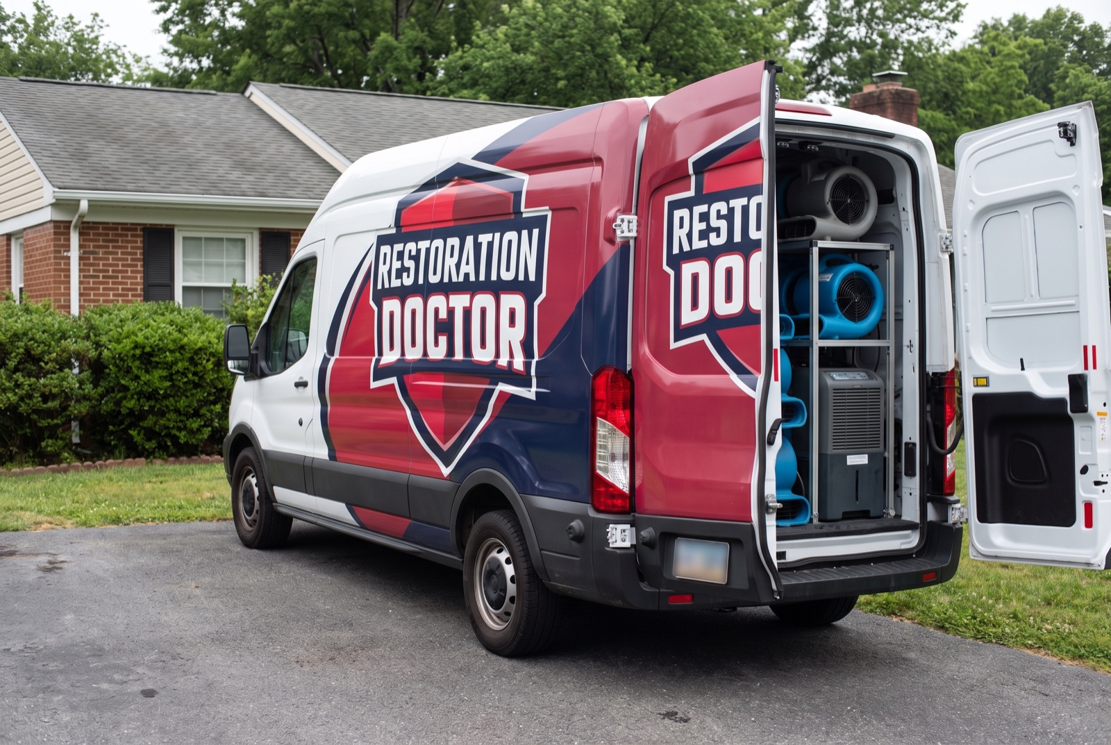 Restoration Doctor-branded response van loaded with drying equipment — illustrative; contents restoration & pack-out serving Miami