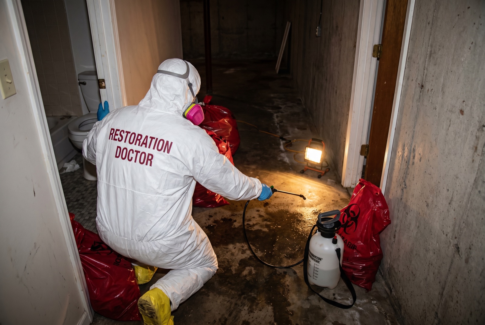 Technician in full PPE performing Category 3 sewage cleanup — illustrative; sewage cleanup serving Miami