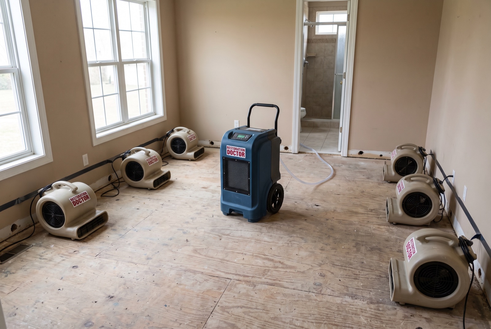 Structural drying equipment layout with air movers positioned along flood-cut walls — illustrative; storm & hurricane damage restoration serving Miami