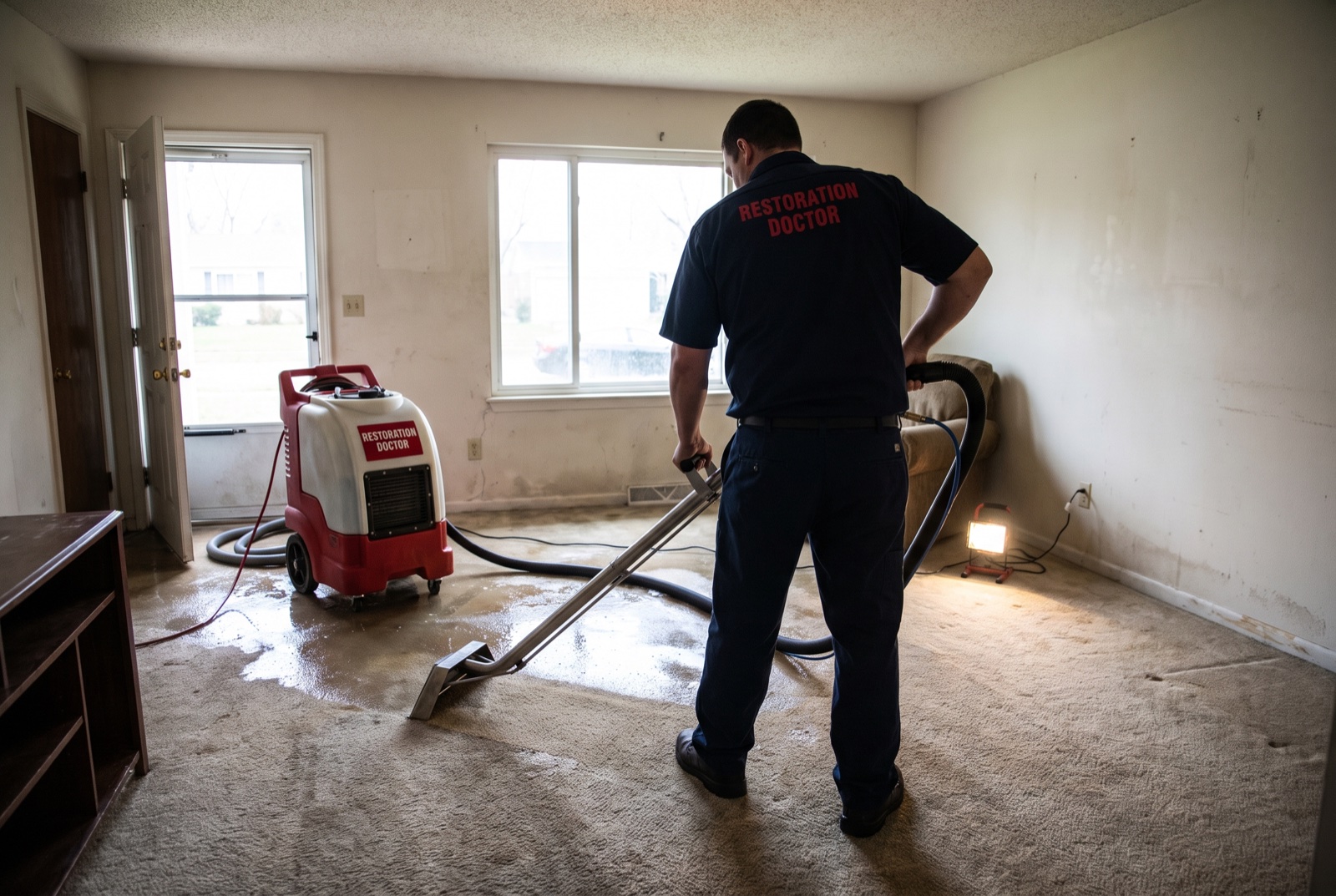 Truck-mounted water extraction in progress on a tile-over-slab floor — illustrative; water damage restoration serving Edgewater