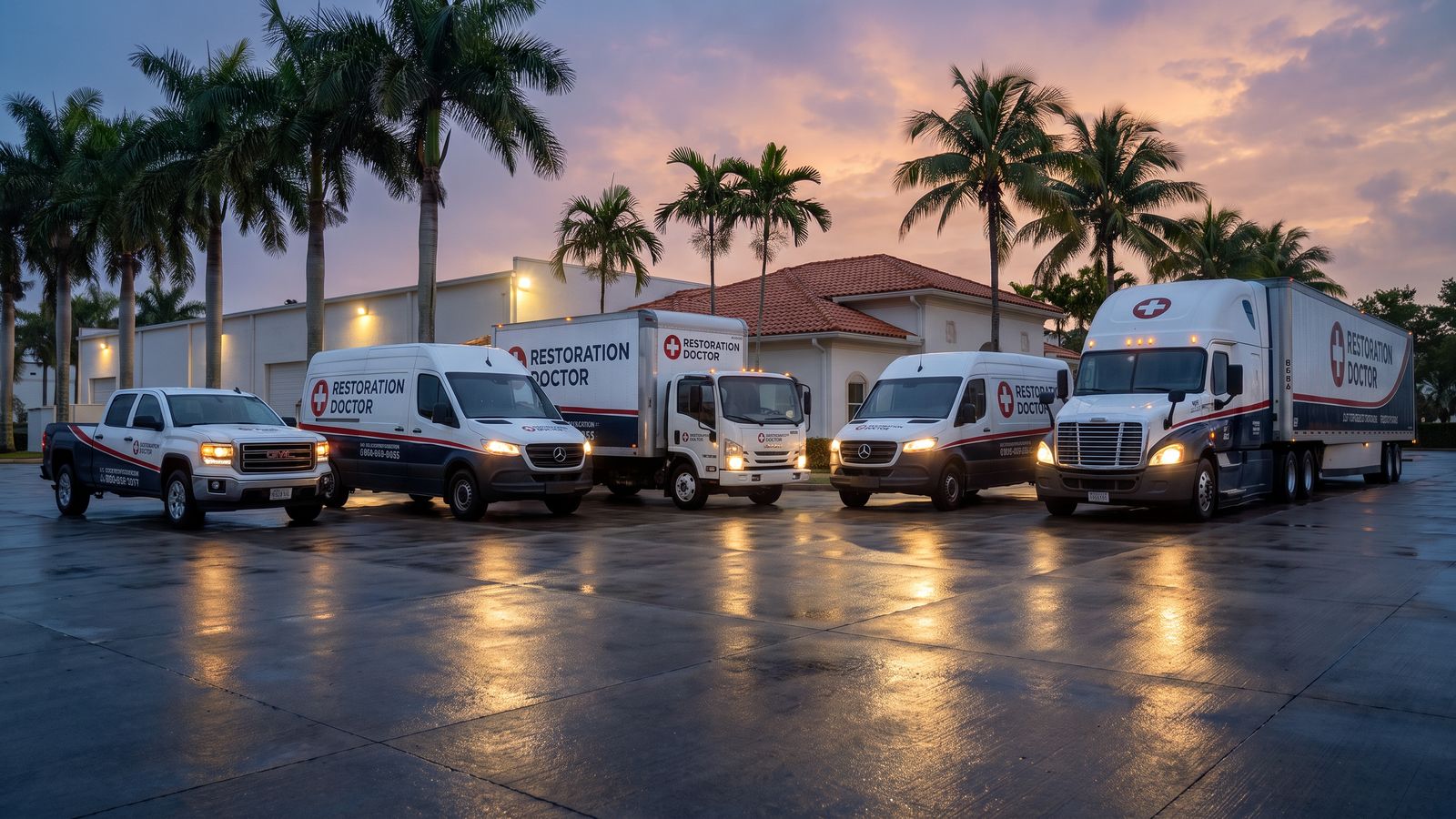 Restoration Doctor emergency response fleet staged at dusk in Miami — water damage restoration trucks and equipment