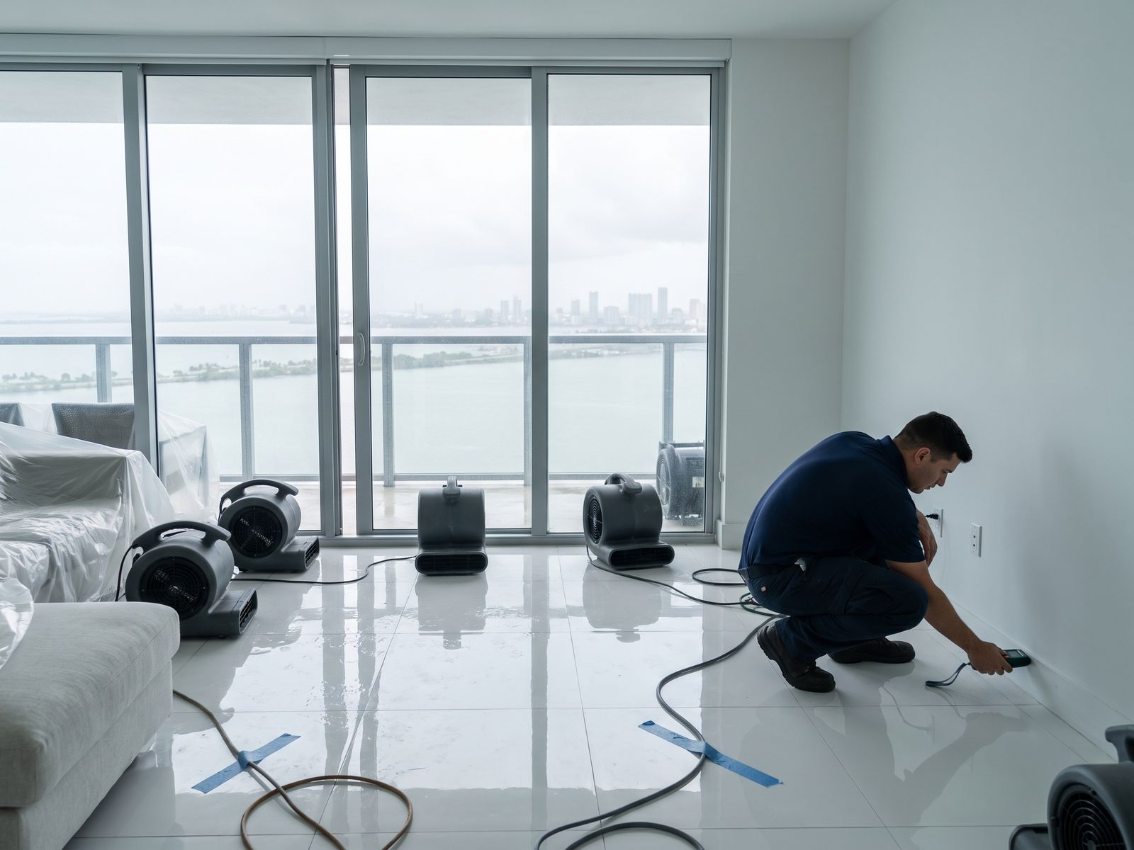 Restoration Doctor technician taking a moisture-meter reading along the baseboard of a Brickell high-rise condo overlooking Biscayne Bay, with air movers drying the wet tile floor