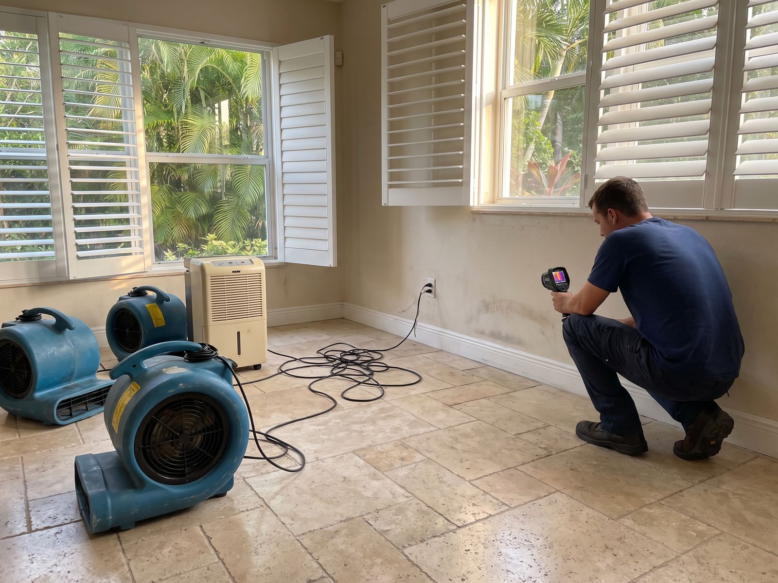 Restoration Doctor technician thermal-imaging a water-stained wall beside air movers and a dehumidifier on travertine tile in a Miami-Dade home with plantation shutters