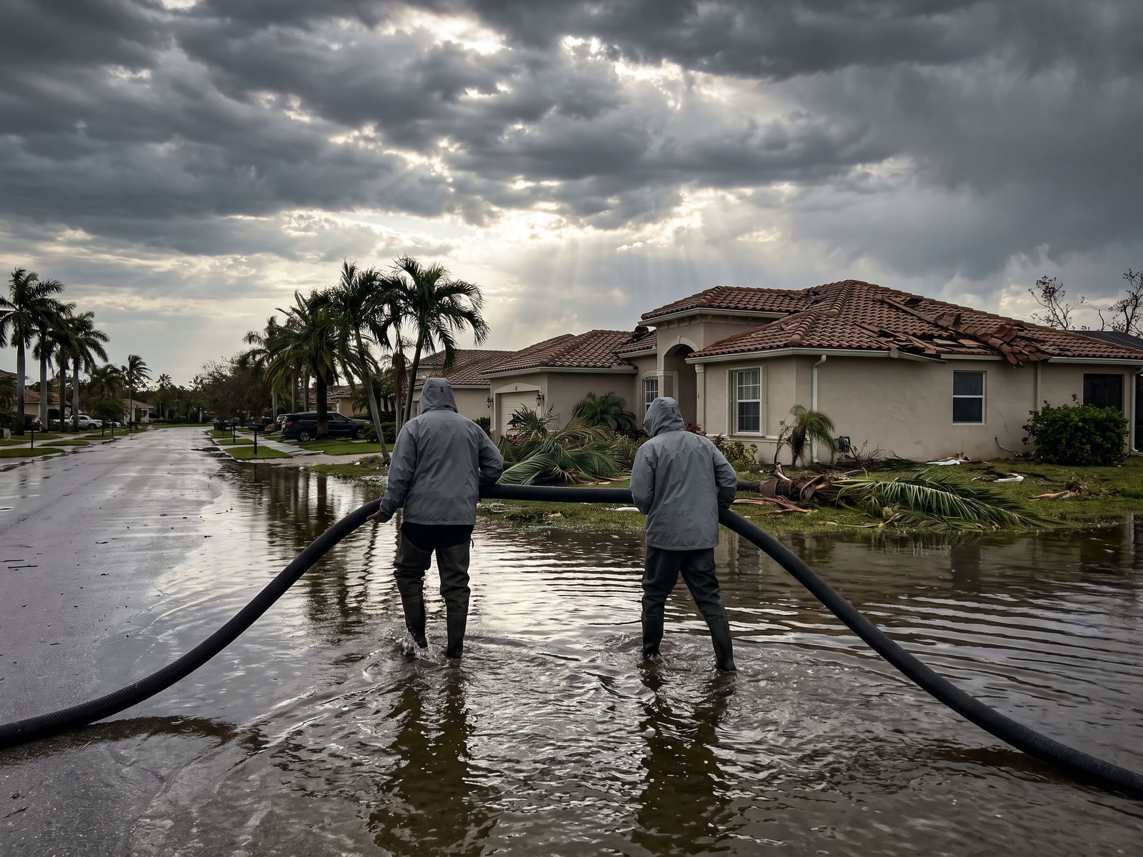 Restoration Doctor technicians running extraction hose down a flooded, palm-lined Miami street beside a home with a hurricane-torn barrel-tile roof