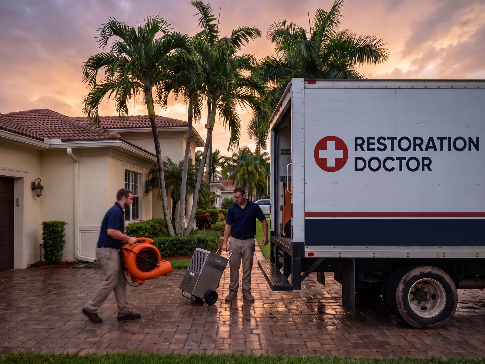 Restoration Doctor crew unloading an air mover and dehumidifier from a branded box truck in the paver driveway of a ground-floor Miami home after tidal flooding